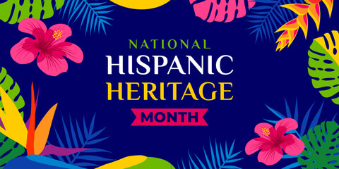 Hispanic heritage month. Vector web banner, poster, card for social media, networks. Greeting with national Hispanic heritage month text, tropical flowers on blue background with green, yellow color.