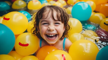 Obraz premium A close-up portrait of a little happy smiling girl in a pile of yellow and blue balloons in a water pool at a water park at a children's party.