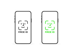 Face id icons. Smartphone screens. Linear and flat style. Vector icons