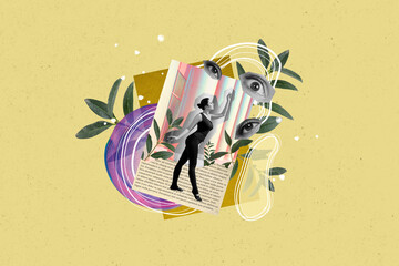 Creative photo collage young attractive girl gymnast ballerina dancer retro poster book page face fragments elements plant