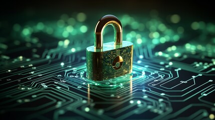 A secure padlock on a circuit board represents encrypted data protection in digital cybersecurity systems.