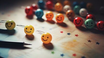 Colorful smiley face pins on a paper symbolize customer satisfaction and positive feedback in business services.