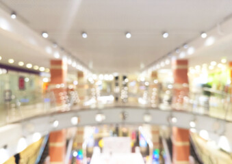 Fototapeta premium Blurred background of modern luxury department store hall or shopping center mall. Blurred lights background. Blurred defocused bokeh lights with modern white interior architecture