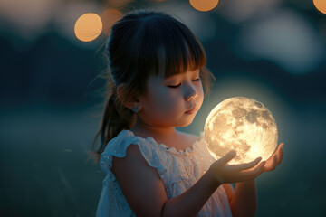 Naklejka premium In the twilight hours, a young girl is captivated by the luminescent orb she holds, which lights up her face with the soft, magical glow of the moon.