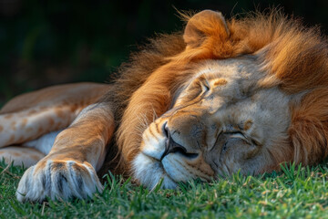 A Lion Sleeping on the Grass. Conveys a Sense of Peaceful Sleep and Harmony with Nature.