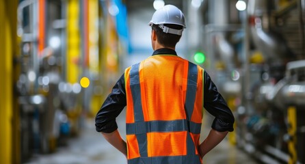 Back view of professional engineer manager man in a protective vest and helmet visits a factory.
