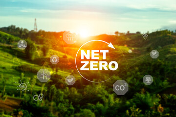 Net Zero icon on green nature background. Net zero for environmental, social, sustainable and...