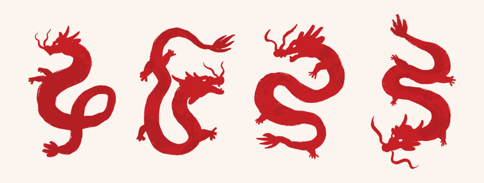 Red Chinese new year dragon brush painting silhouette set of four isolated in beige color background, vector design