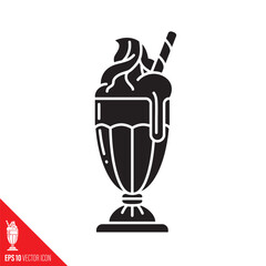 Milkshake with cream on top and straw in glass cup vector glyph icon