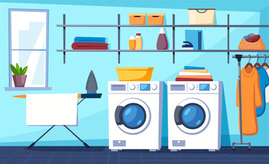 Laundry background. domestic washing clothes laundry concept, cartoon minimalistic washing plastic containers, towels, hygiene housework. vector cartoon minimalistic background. - obrazy, fototapety, plakaty