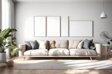 Fototapeta na wymiar A cozy living space with a touch of modernity, where an empty wall mockup complements a minimalist sofa and a white blank frame in 3D realism.