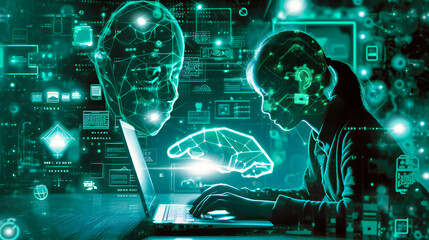 Conceptual illustration of artificial intelligence, highlighting the integration of digital and human intellect in modern technological advancements