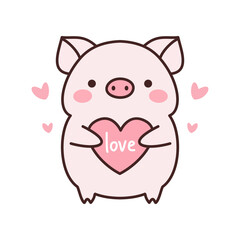 Cute pig with heart and text love. Vector illustration.