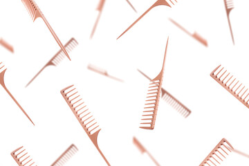 Professional hair combs isolated on white background. Hairbrush isolated. Flying combs. Falling combs. - obrazy, fototapety, plakaty