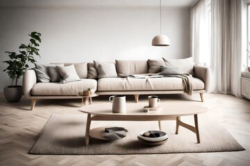 Minimalist interior with a touch of Nordic charm, featuring a comfortable sofa and a stylish coffee table against a soft-palette backdrop.