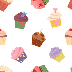 cartoon cupcakes pattern. sweet yummy delicious cartoon muffins cupcakes chocolate vanilla sugar cookies celebration attribuites ollection. vector cartoon flat items seamless pattern.