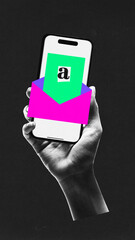 Modern aesthetic artwork. Hand holding smartphone with envelope symbolizing message or e-mail letter. Concept of digitalization, technological progress, virtual, education, communication online