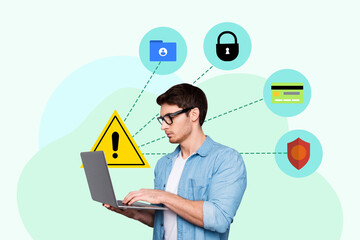 Creative collage image young smart man programmer browsing laptop cyber security web safety...
