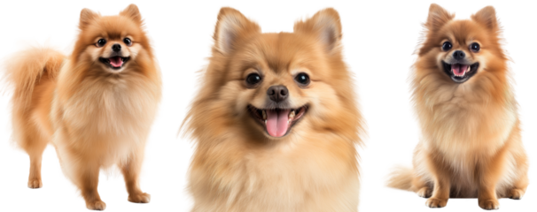 Happy pomeranian dog bundle, portrait, sitting and standing, isoalted on a transparent background