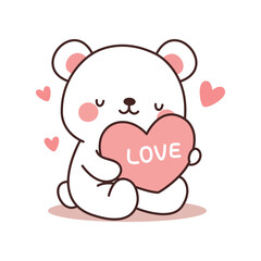 Cute polar bear holding a big heart. Vector illustration.