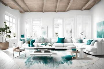 Bright white living space with touches of teal, showcasing Nordic design principles and a harmonious color palette.