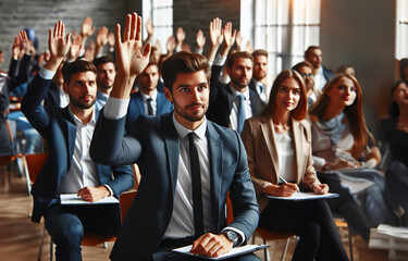 Conference, crowd and business people with hands for a question, vote or volunteering. Corporate event, meeting and hand raised in a training seminar for questions, voting or audience opinion. - 730830133