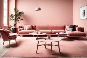 Minimalist bliss in a room with a coral pink sofa and a modern coffee table against an empty pale pink wall, embodying Scandinavian design.