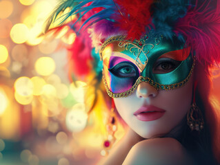 A woman's profile is adorned with a vibrant, feathered carnival mask, her face partly veiled in mystery against a backdrop of warm bokeh lights.