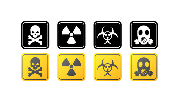 Danger road sign icons. Sign of skull, radiation, chemical pollution, gas. Silhouette and flat style. Vector icons