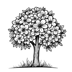 Tree with leaves and flowers silhouette on white background. Coloring book page vector