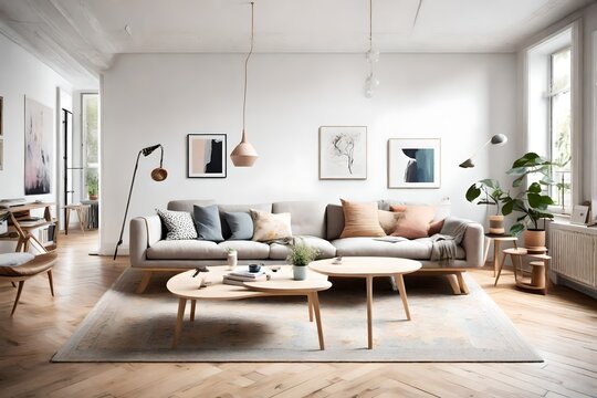 Step into a cozy Scandinavian sanctuary with a sleek sofa and coffee table, surrounded by pastel tranquility, and an empty wall poised for your artistic ingenuity.