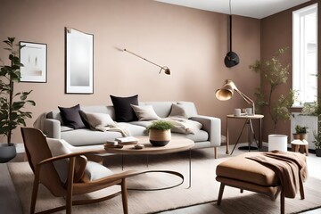 Fototapeta na wymiar An uncluttered living room with a touch of elegance, showcasing minimalistic furniture against a solid color wall, creating a Scandinavian-inspired haven.