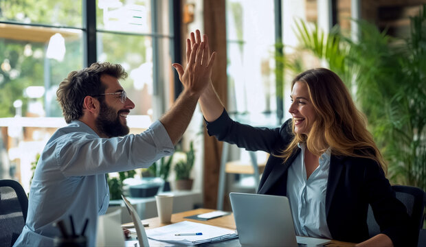 deux coll&egrave;gues de travail se tapent dans la main apr&egrave;s une r&eacute;ussite professionnelle
