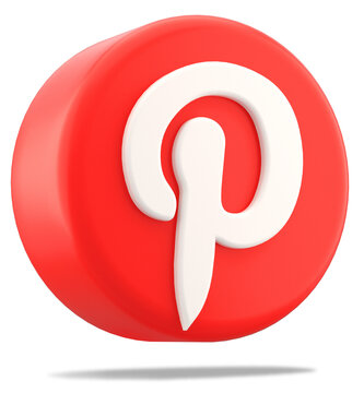Valencia, Spain - February, 2024: Pinterest isolated logo red icon on transparent background, cut out symbol floating in 3D rendering. Pinterest web and app for photo sharing and collections