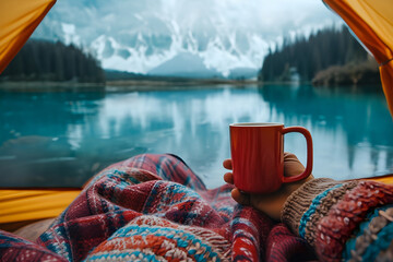 View outside the tent with a coffee cup in hand on the calm surface of a winter lake and icebergs