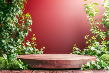 Fototapeta na wymiar Empty round wooden podium for presentation against burgundy glowing background with green plants. Show case for your products. Concept scene stage for montage new product and promotion sale