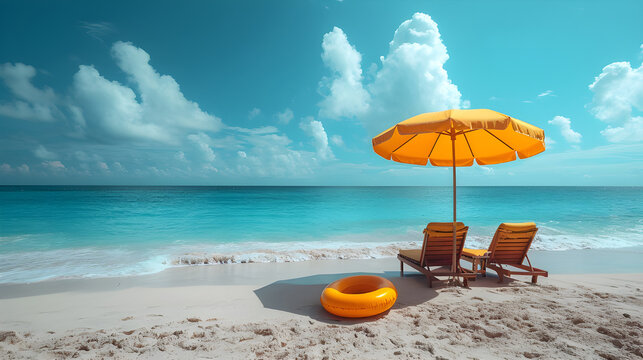 Beach scene with umbrella and orange chairs and peaceful ocean views under a sunny sky.