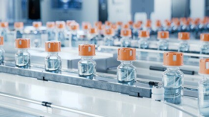 Glass Vials with Orange Caps on Conveyor Belt at Vaccine Production Facility. Medication...