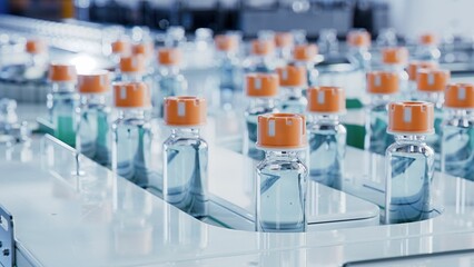Close-up of Glass Vials on Conveyor Belt at Vaccine Production Facility. Medication Manufacturing...