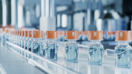 Close-up of Glass Vials with Orange Caps on Conveyor Belt at Vaccine Production Facility. Medical...