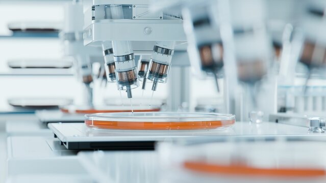 Futuristic Laboratory. High Precision Research Equipment Conducting Experiments. Bioprinting Advanced Technology Concept. Automated Injectors working on Artificially Grown Tissues.