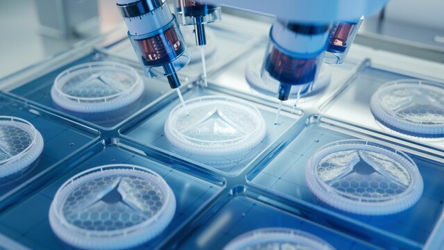 Bioprinting Technology Concept. Advanced Medical Printer Producing Artificial Heart Valves with Biopolymers. Futuristic Laboratory.