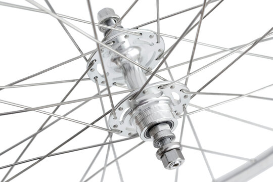 Photo of a chrome bicycle wheel. Spare parts for transport