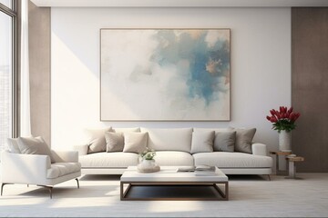 Contemporary furnished living area with wall decor and blank mock up banner. Generative AI