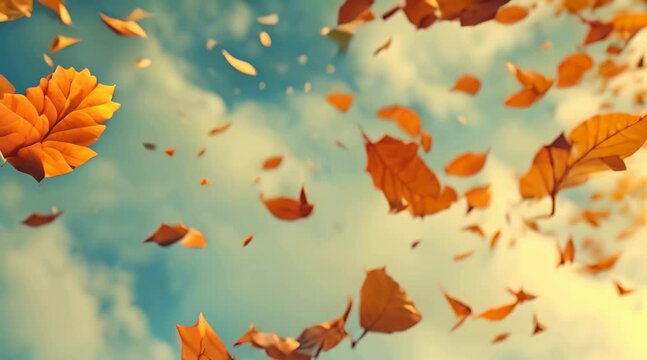 Autumn leaves swirl and cascade from the sky, propelled by the forceful gusts of wind, creating a picturesque display of nature's seasonal transition.