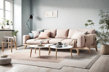 Step into a tranquil living space designed in Scandinavian fashion, complete with a comfy sofa and coffee table set amidst soothing pastel tones, and an empty wall beckoning for your unique touch.