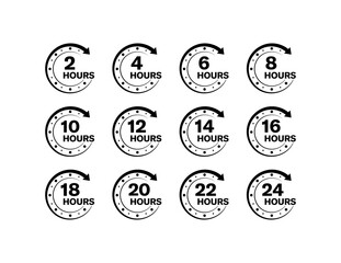 Hours countdown icons. 2, 4, 6...24 hours time. Silhouette style. Vector icons