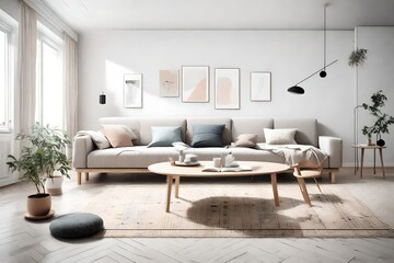 Envision a minimalist Scandinavian retreat with a stylish sofa and coffee table, subtle pastel tones creating a calm ambiance, and an empty wall beckoning for your creative touch.