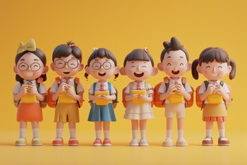 Colorful cartoon character schoolchildren smiling on a yellow background.
