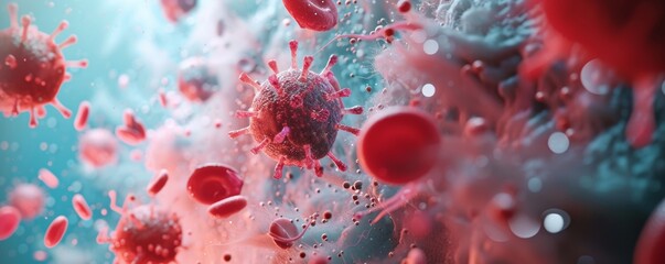 3D illustration of virus attacking red blood cells. Virus and bacteria cells. Microscopic view of virus infecting human cells.